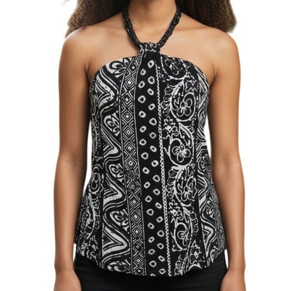 WHITE HOUSE BLACK MARKET Silk Tribal Beaded Neck Halter Top Shelf Bra EUC XS